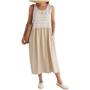 Erika Studio Sleeveless Midi Dress Beige White Stripe Cotton Blend Casual Size L